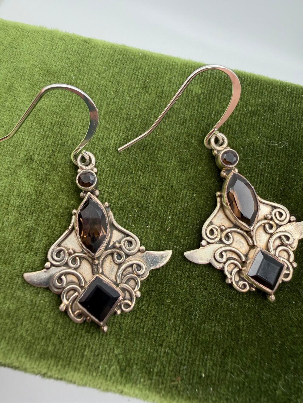 sterling silver dangle earrings intricate scrollwork and faceted smoky quartz